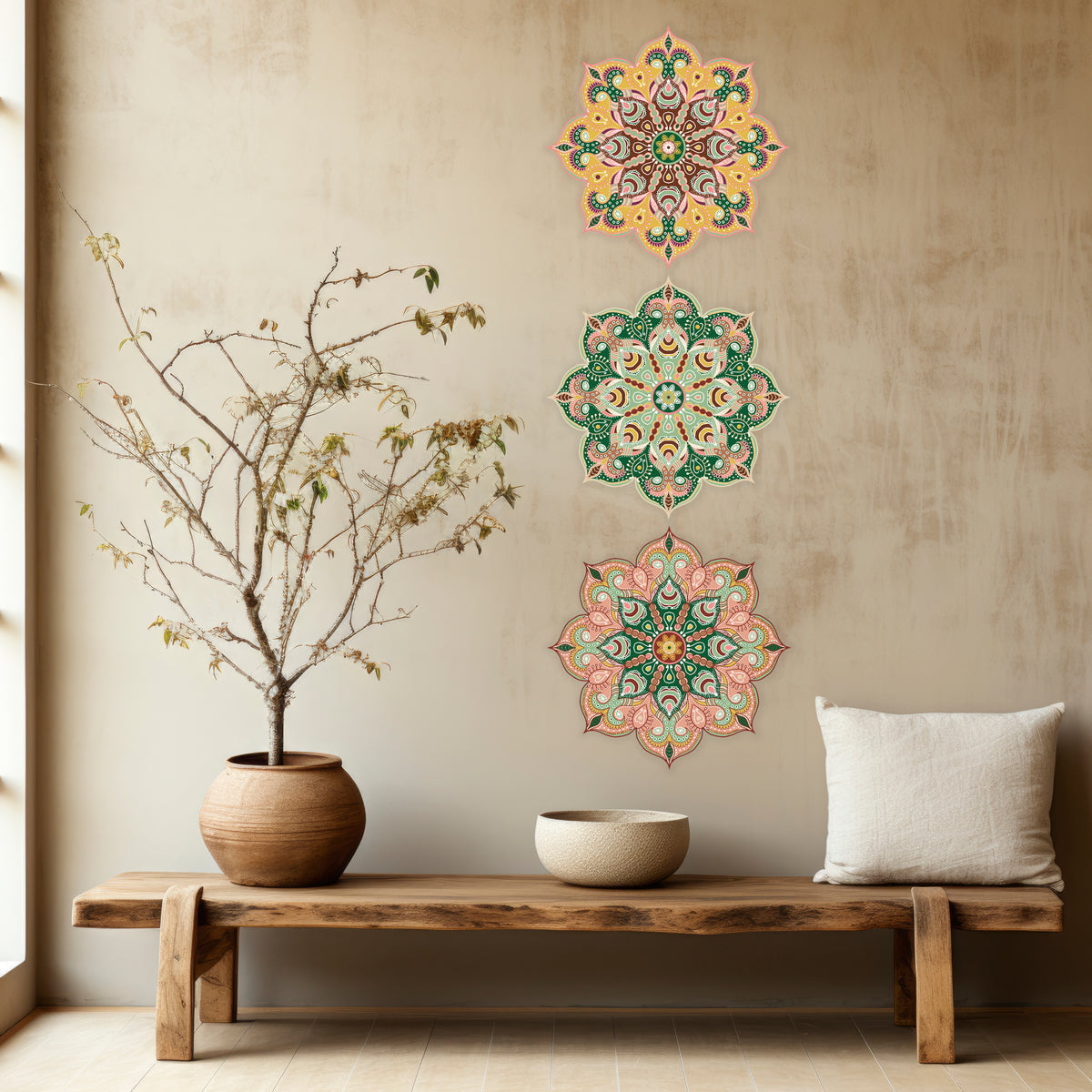 סט של שלוש מדבקות קיר מנדלות בגווני אדמה טבעיים