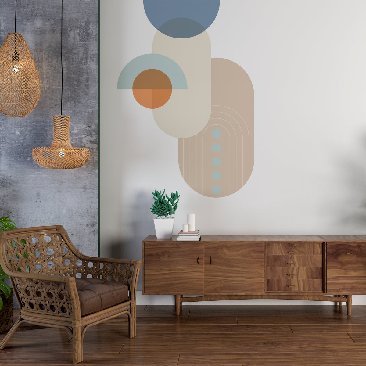 מדבקת קיר גיאומטרית סקנדינבית עומר- בז׳ כחול