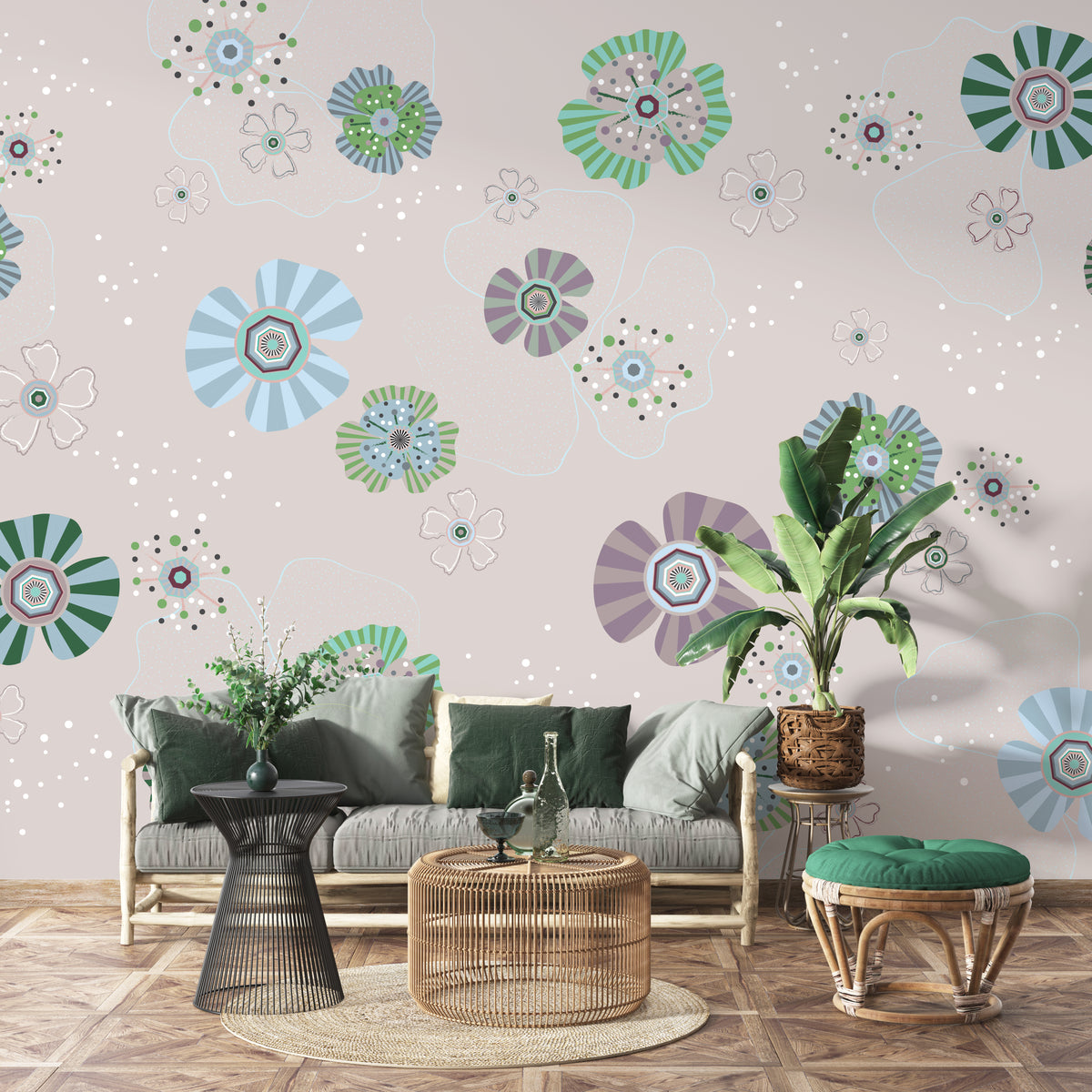 טפט קיר פרחים פסיכודלי סגלגל