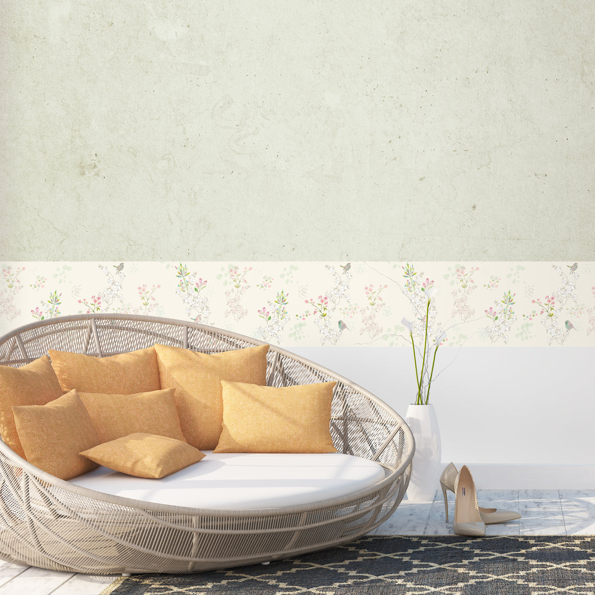 בורדר קיר ציפורים יפניות שמנת