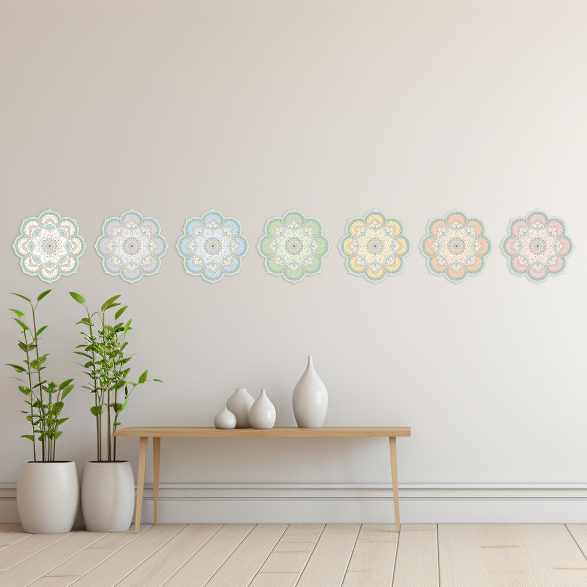 סט של 7 מדבקות קיר מנדלות בצבעי צ׳אקרות פסטליים