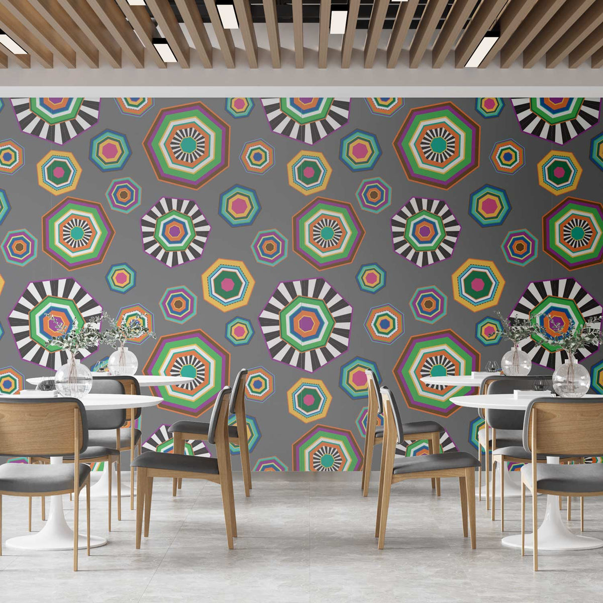 טפט קיר משושים פסיכודלי-אפור