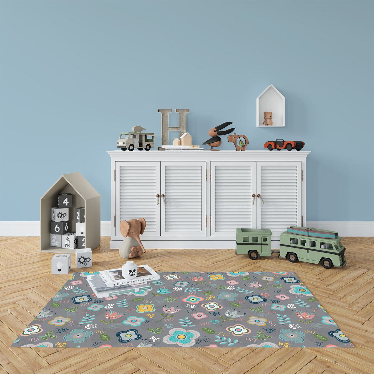 שטיח פרחים סקנדינביים אפור