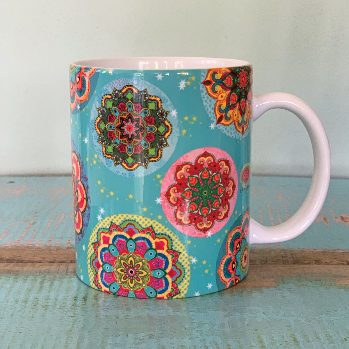 ספל מודפס- מנדלות רקע טורקיז