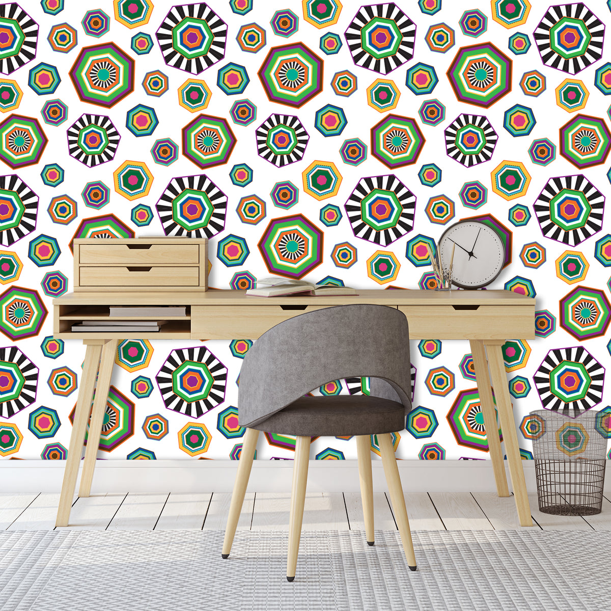 טפט קיר משושים פסיכודלי לבן