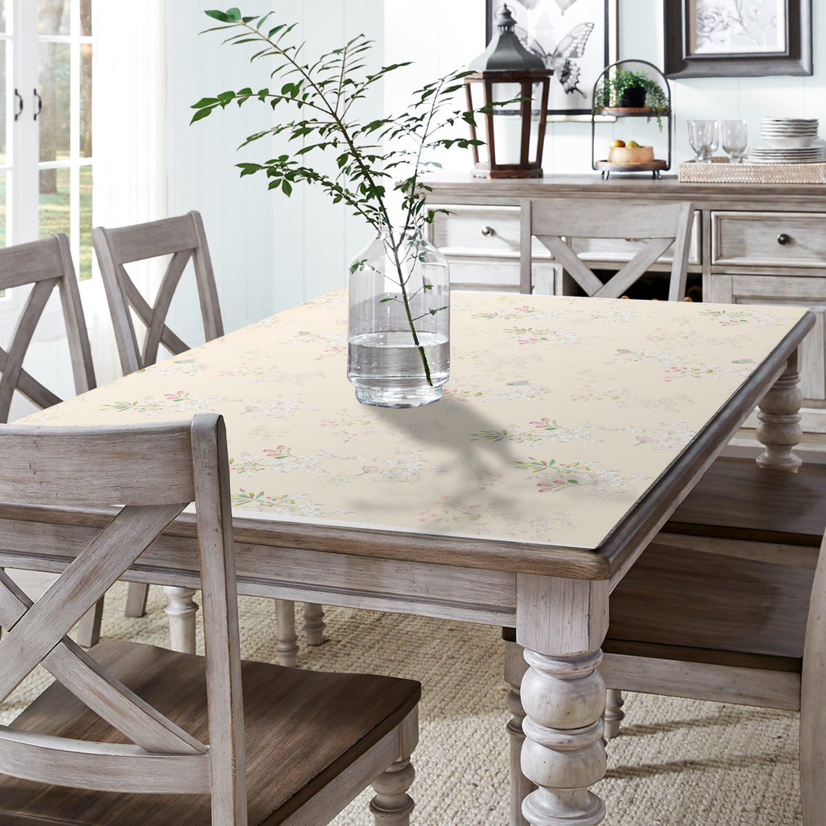 מפת שולחן pvc מלבנית ציפורים יפניות - שמנת