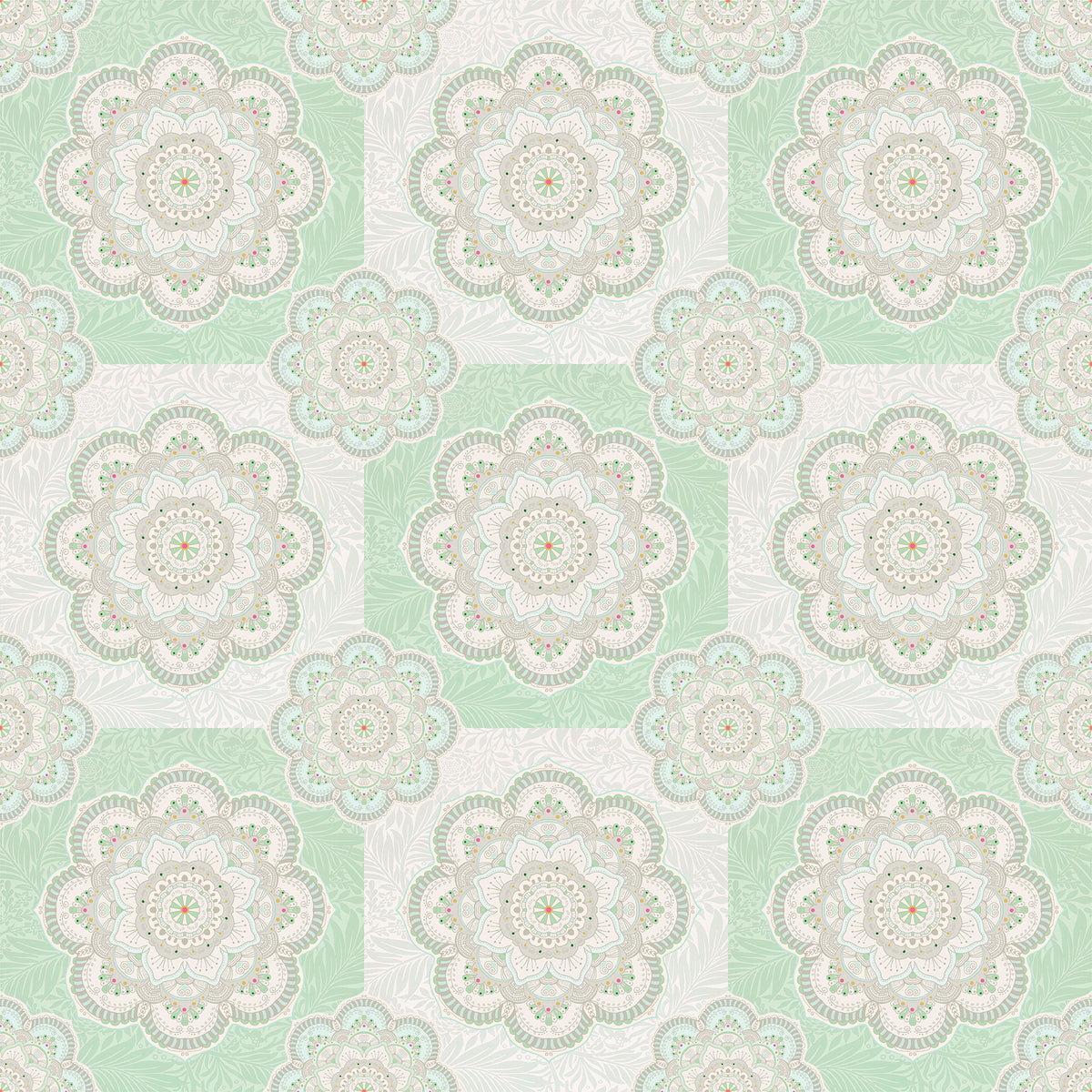 שטיח pvc  - ריבועי מנדלה שמנת/ירקרק