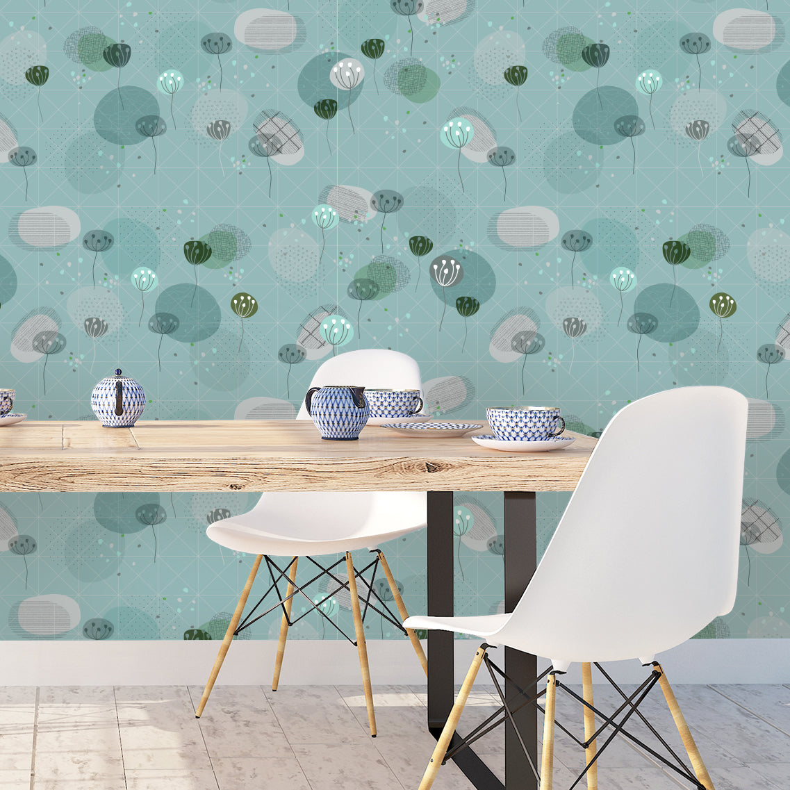 טפט קיר פרחים ואבקנים- כחול מעושן