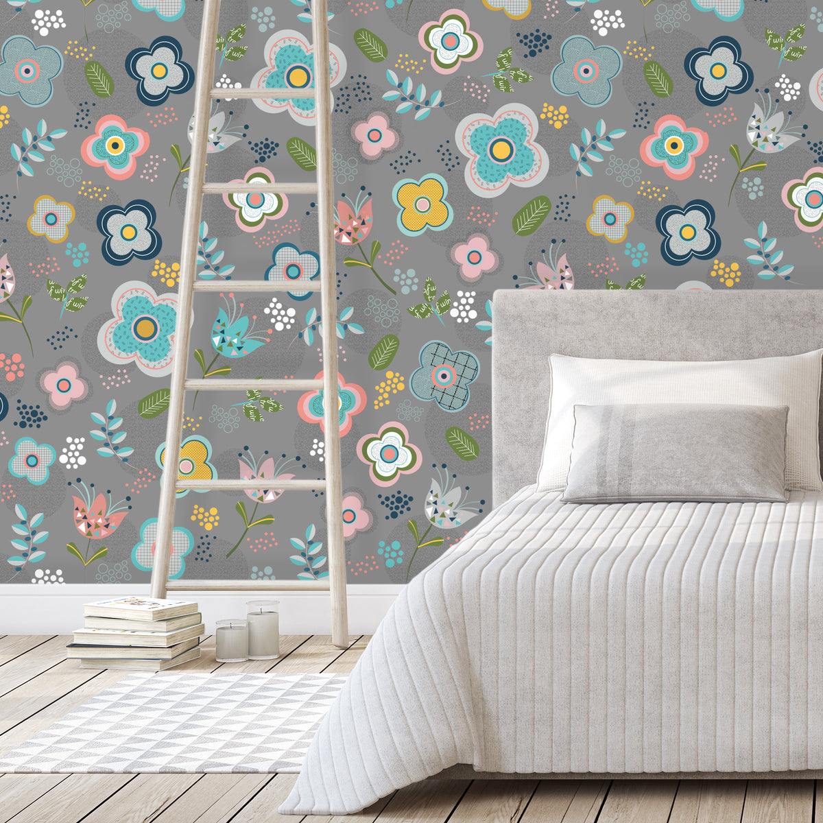 טפט קיר פרחים סקנדינבים- אפור