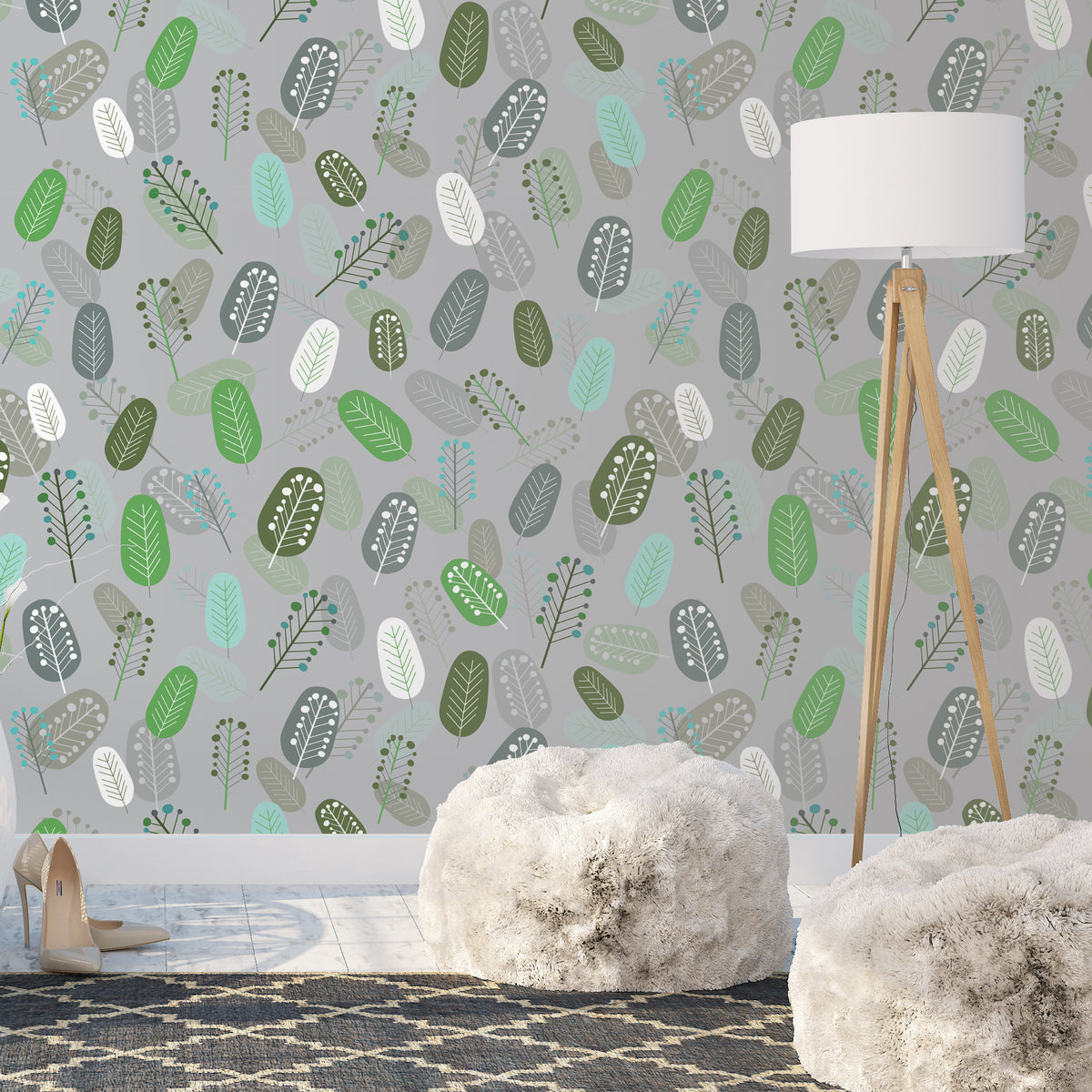 טפט קיר דוגמת עלים גאומטרים- אפור