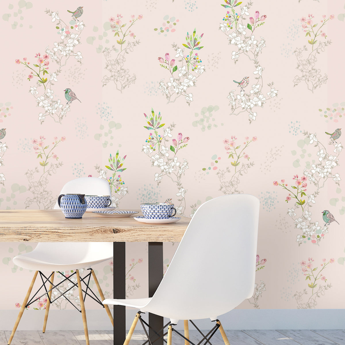 טפט קיר ציפורים יפני- ורוד