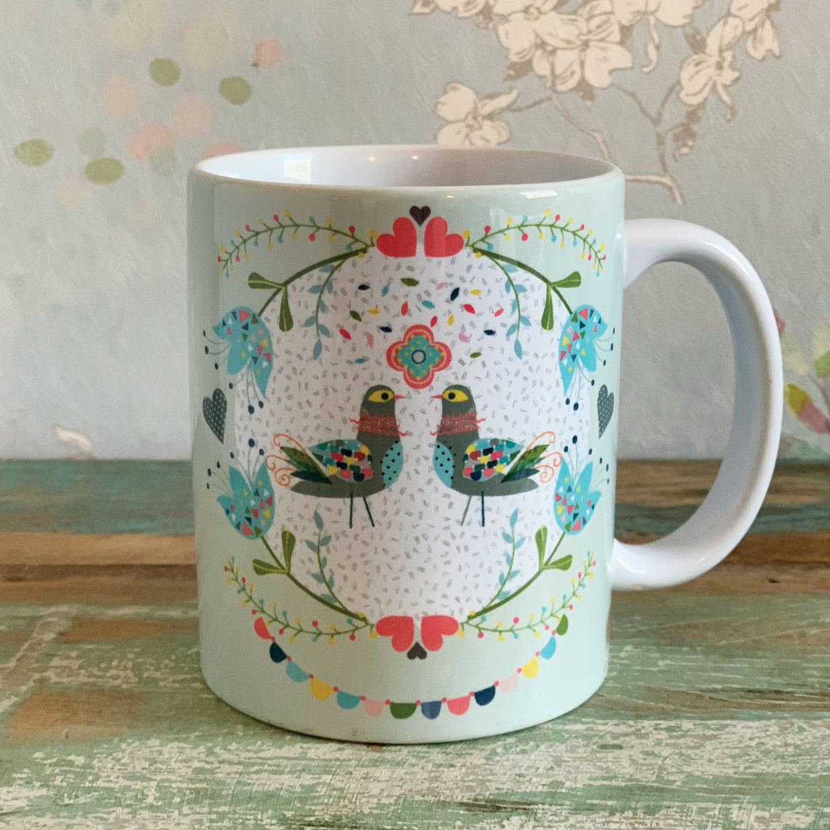 ספל קרמיקה מצוייר- ציפורים סקנדינביות זית