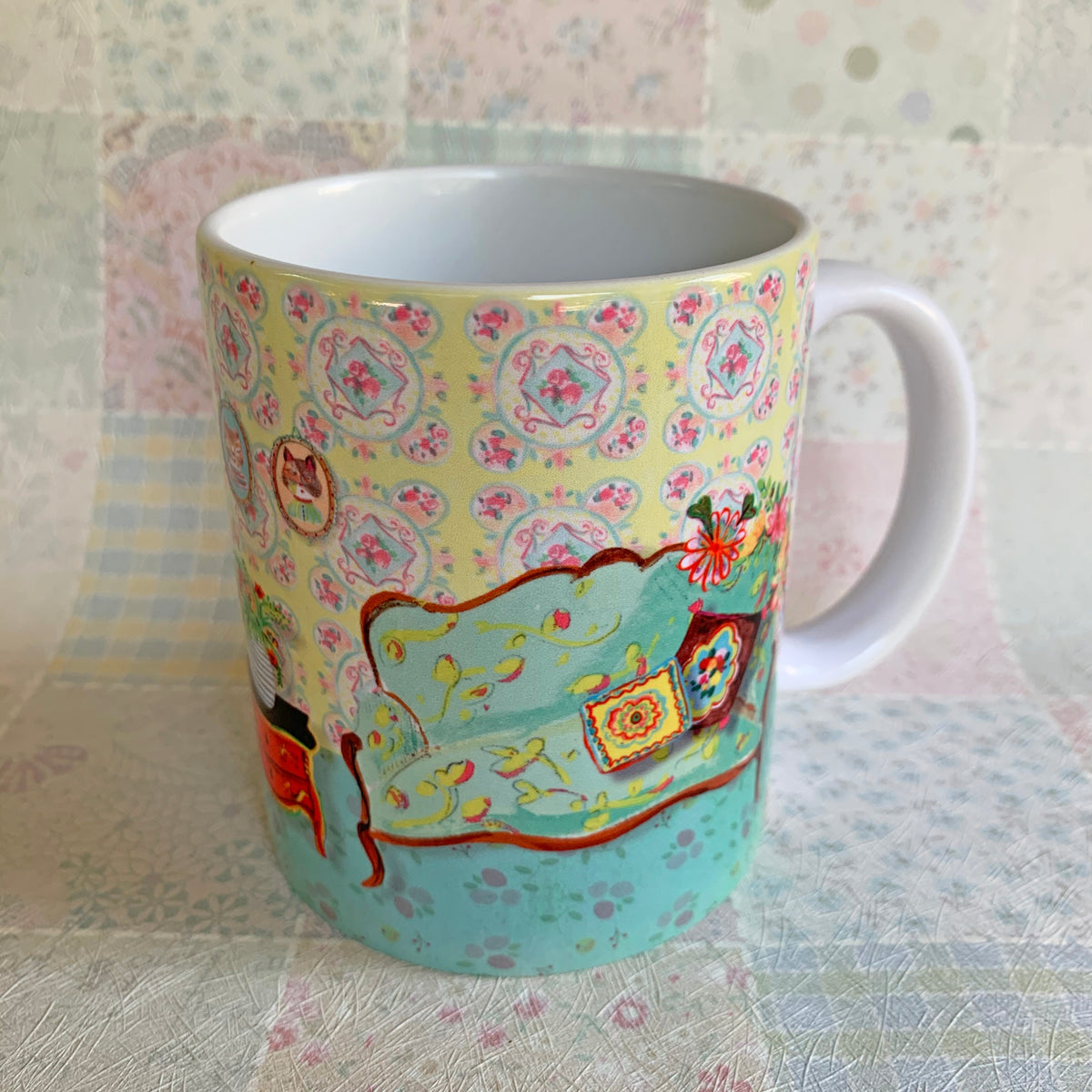 ספל פורצלן מודפס- cozy home צהוב