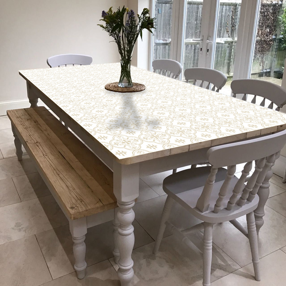 מפת שולחן pvc מלבנית זכוכית סבתא - לבן רקע בז'