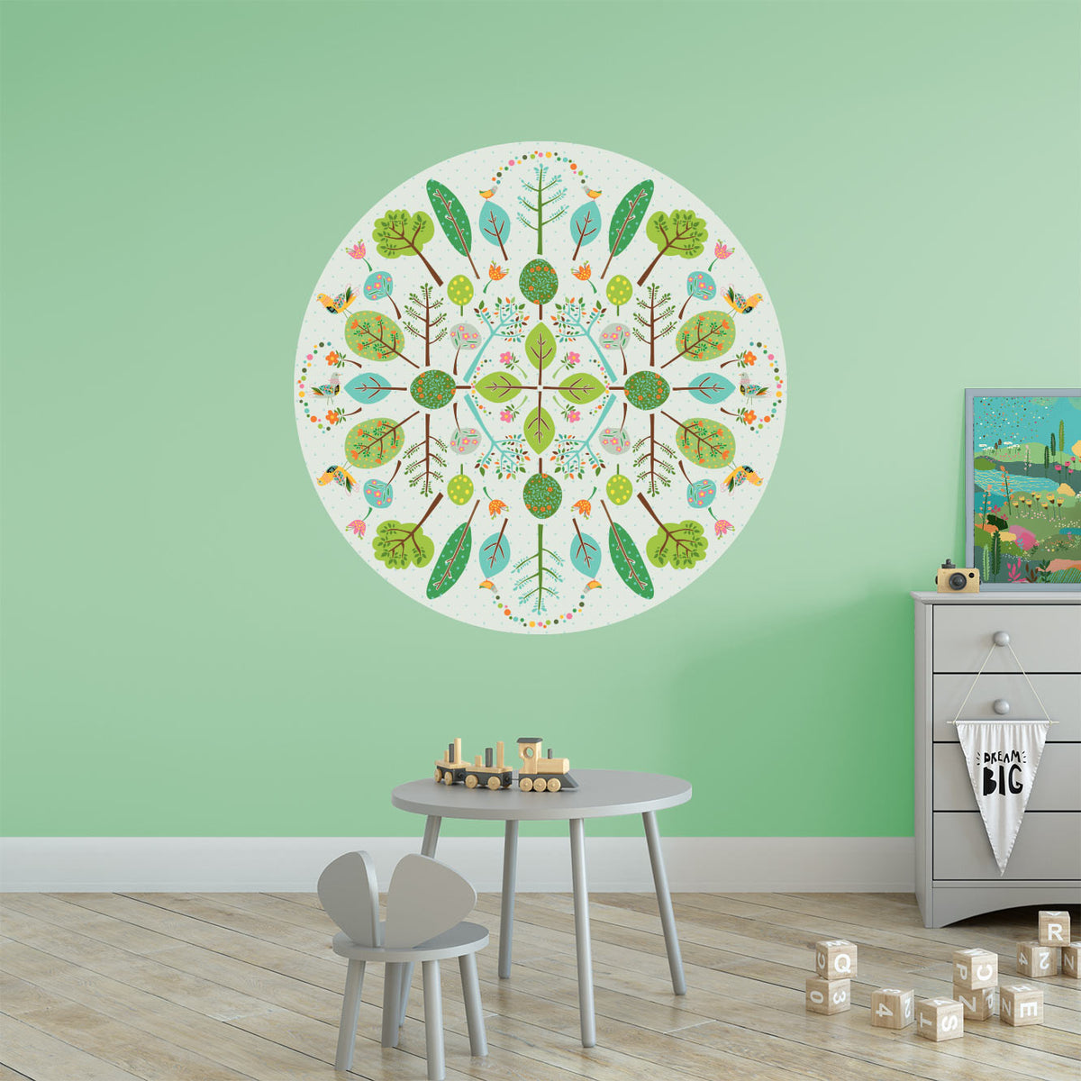 מדבקת קיר- מנדלת עצים רקע אפרפר