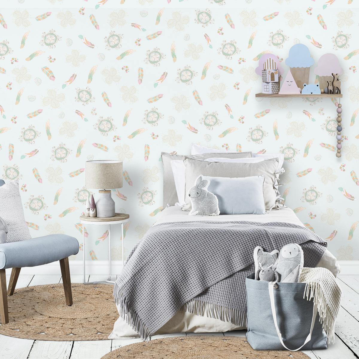 טפט קיר אינדיאני נוצות תכלת