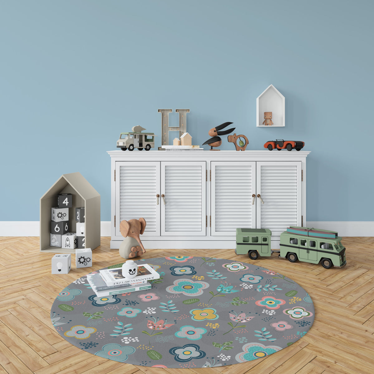 שטיח פיויסי עגול- פרחים סקנדינביים אפור