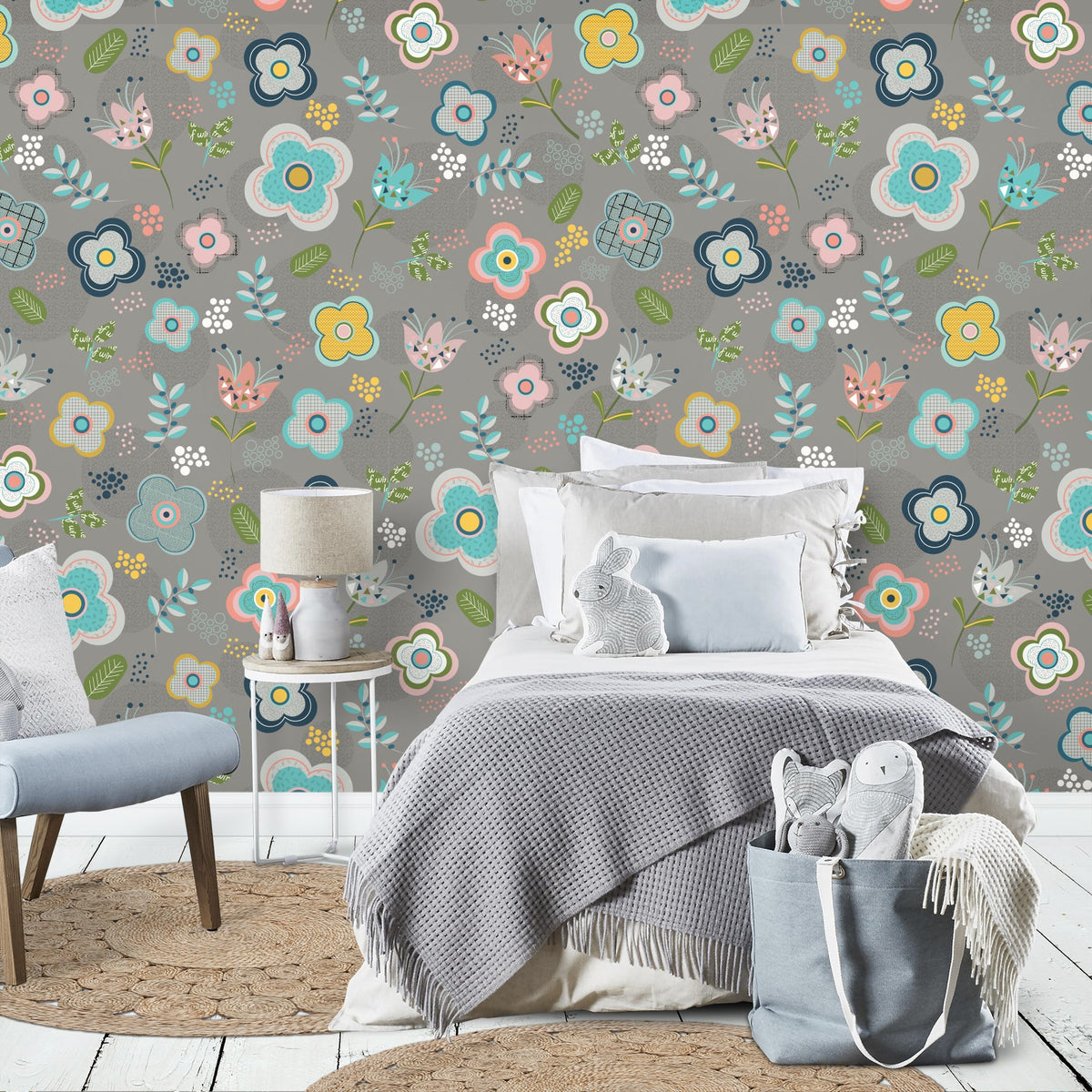 טפט קיר פרחים סקנדינבים- אפור