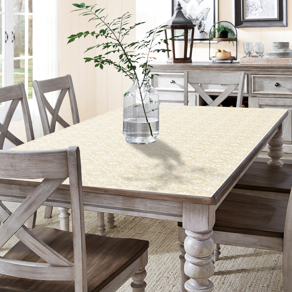 מפת שולחן pvc מלבנית זכוכית סבתא - בז' רקע לבן