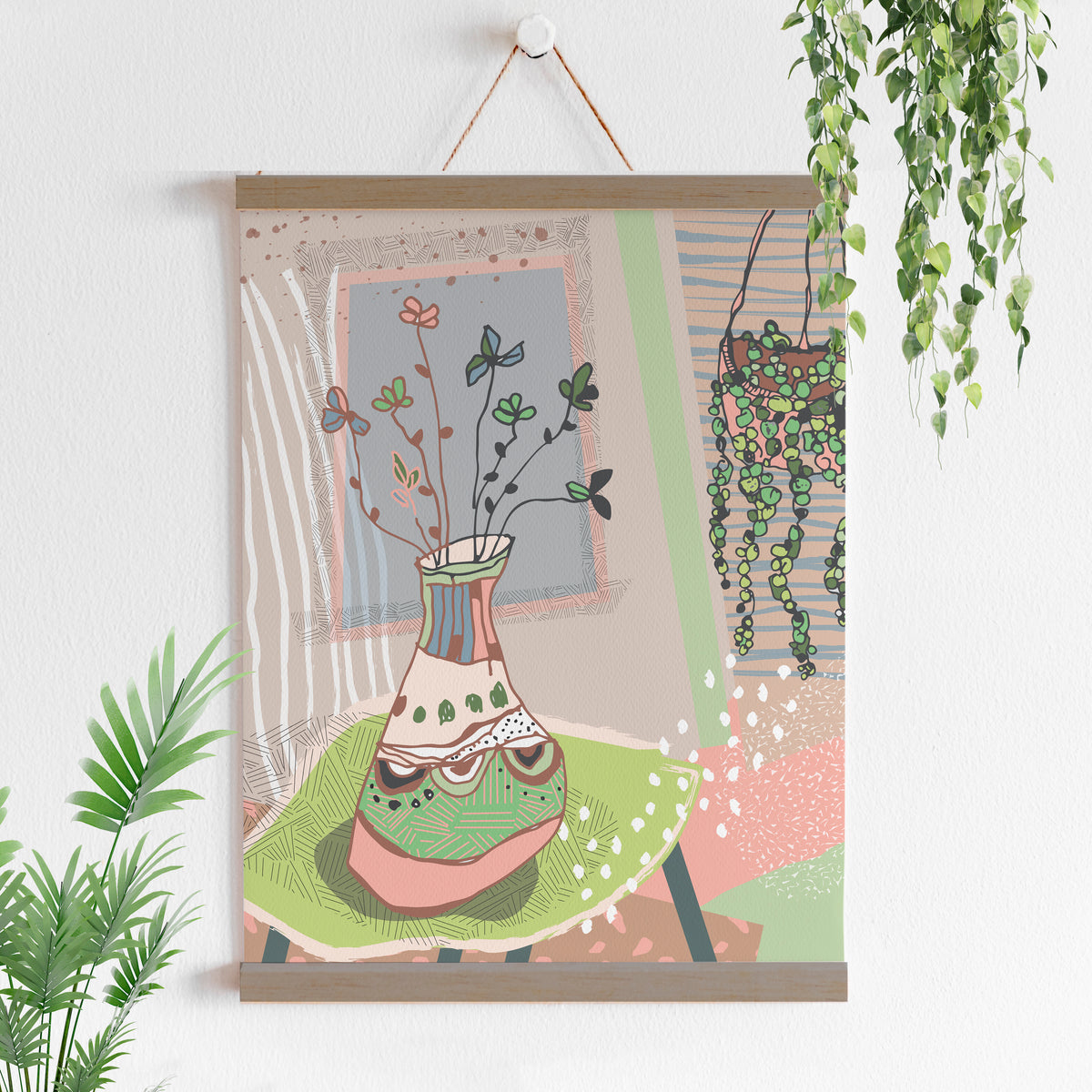 פוסטר/הדפס לתלייה- סדרת פינה בירוק, פרחים ליד החלון