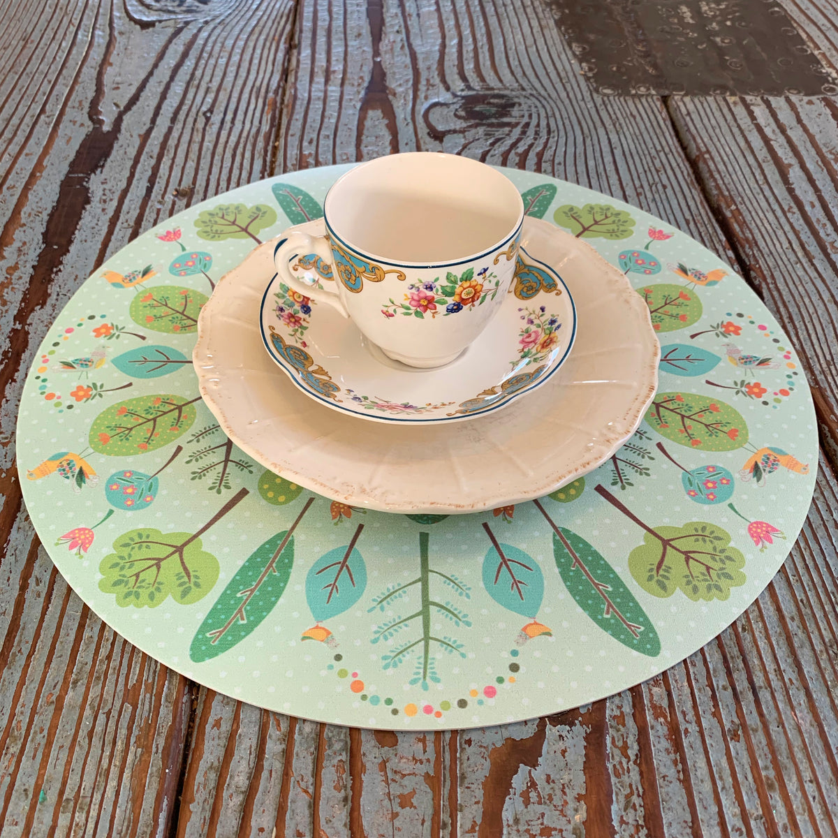 פלייסמט מנדלת עצים עגול- רקע ירוק