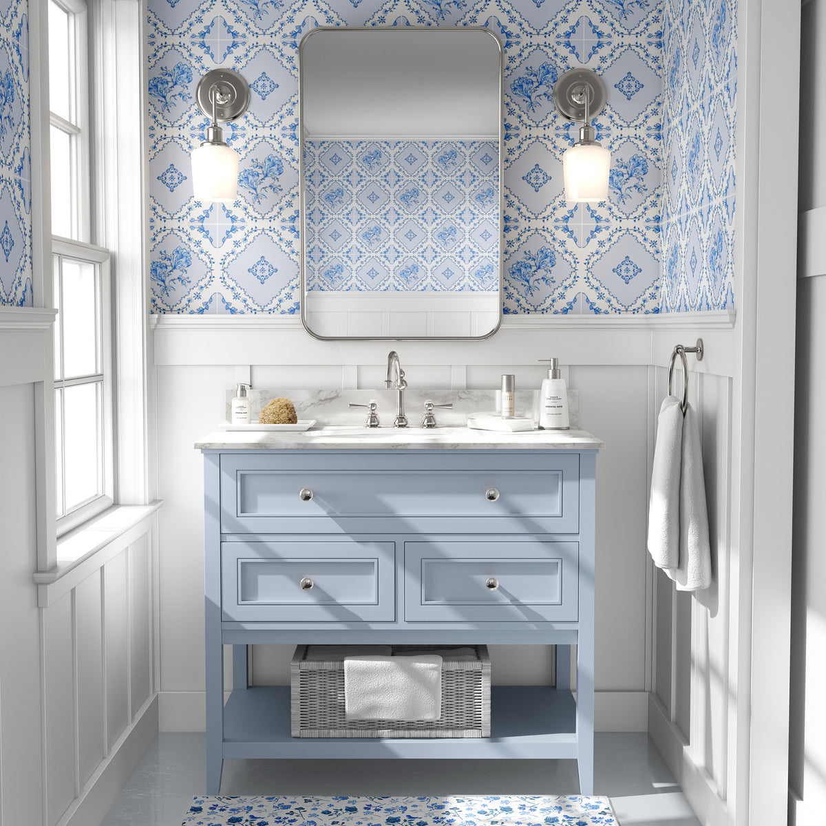 טפט לאמבטיה- אריחים כחול לבן פורטו