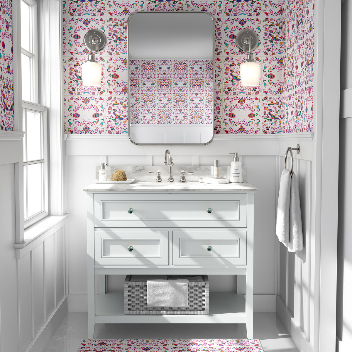 טפט לאמבטיה- אריחים מקסיקנים לבן