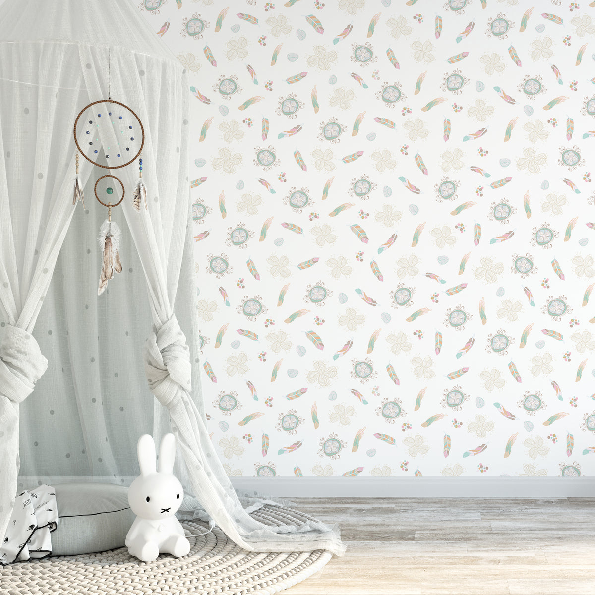 טפט קיר אינדיאני נוצות לבן