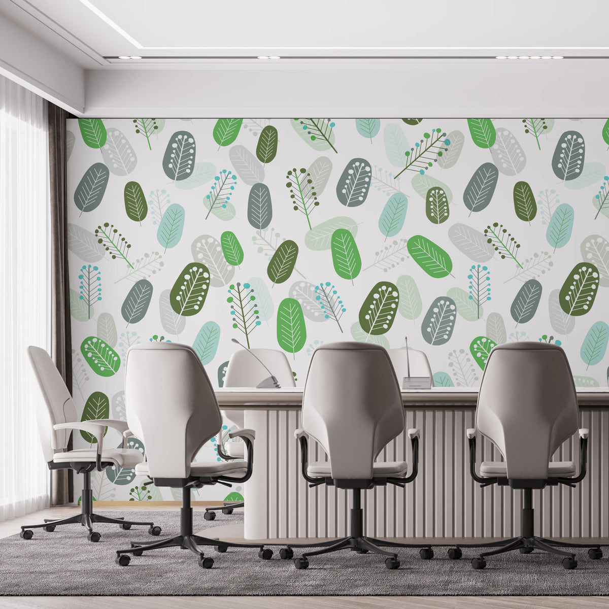 טפט קיר דוגמת עלים גאומטרים- לבן