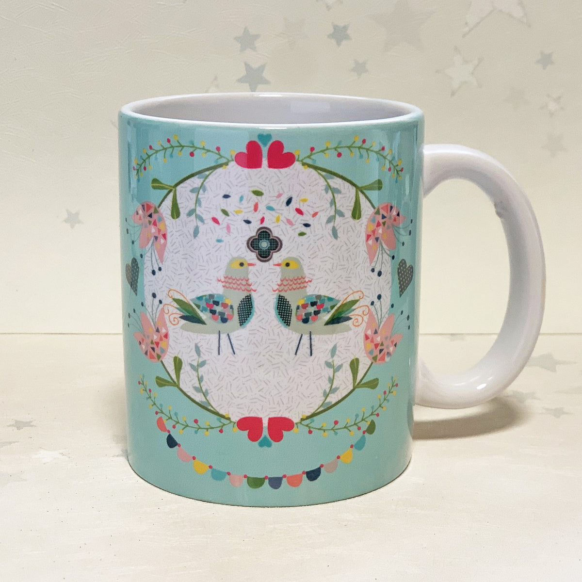 ספל קרמיקה מצוייר- ציפורים סקנדינביות טורקיז