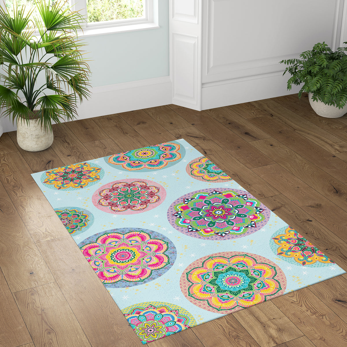 שטיח pvc-  מנדלות צבעוניות רקע תכלת