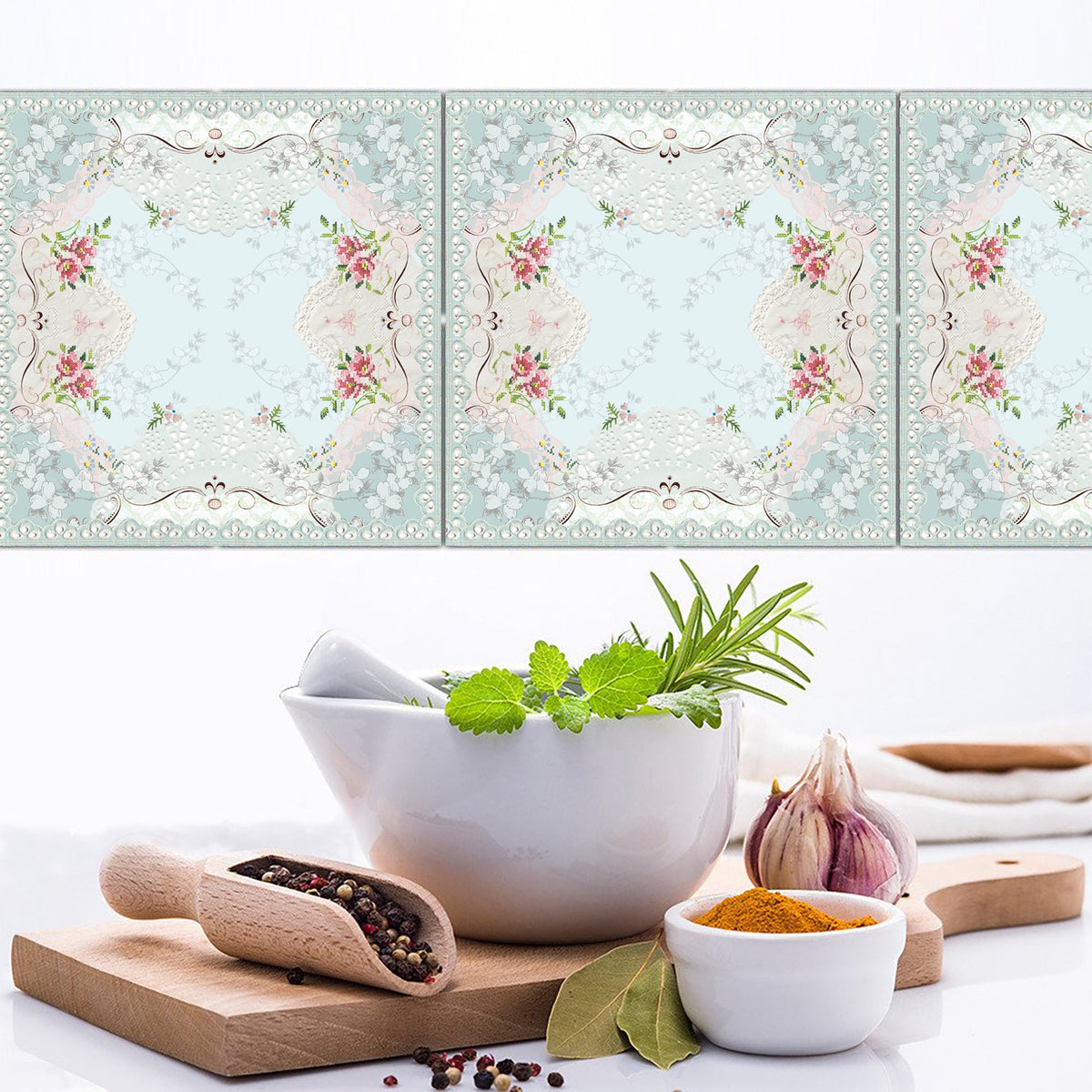 סט מדבקות אריחים- תחרה תכלת