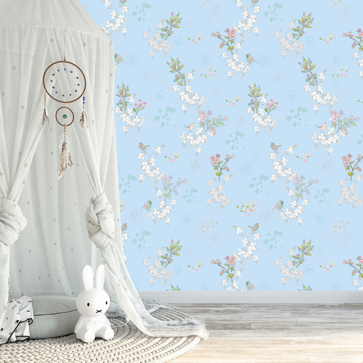 טפט קיר ציפורים יפני- תכלת