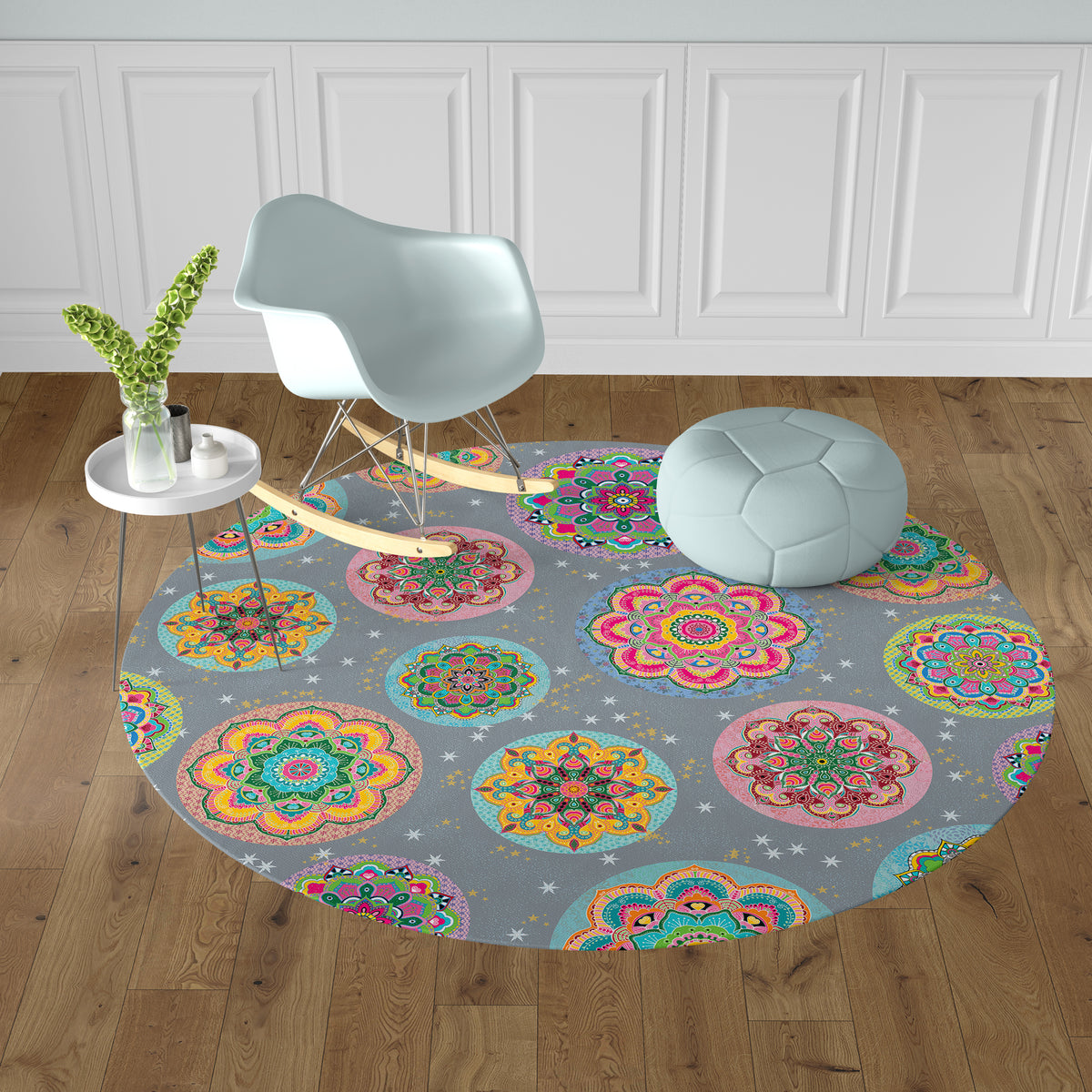 שטיח פיויסי עגול- מנדלות בתפזורת אפור