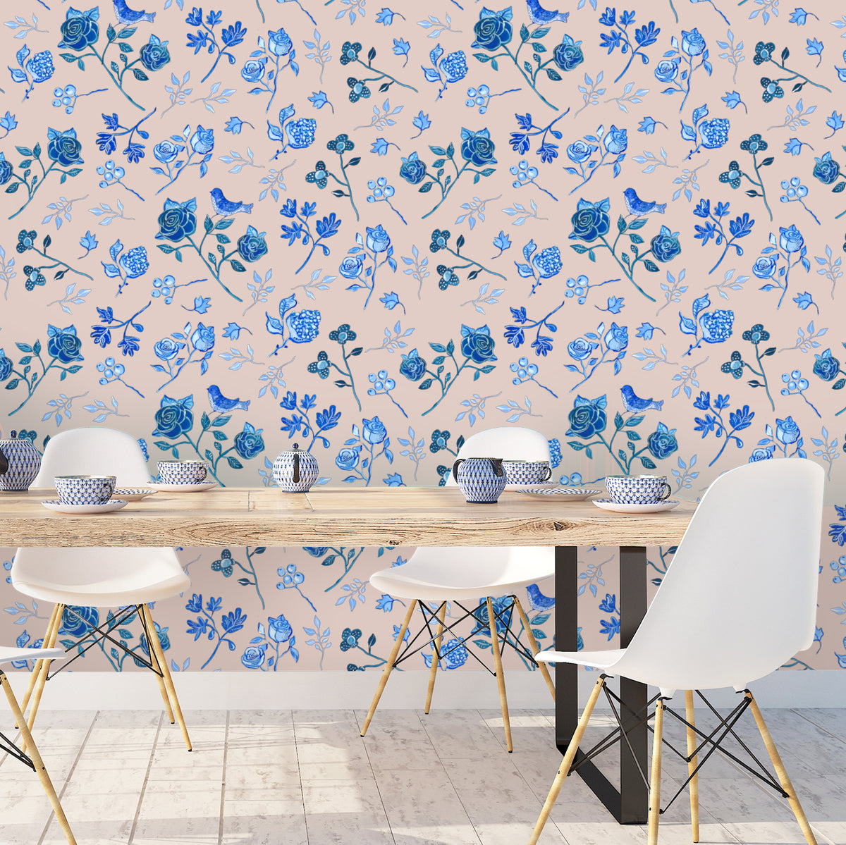 טפט פרחים כחול לבן- אורלי ורוד