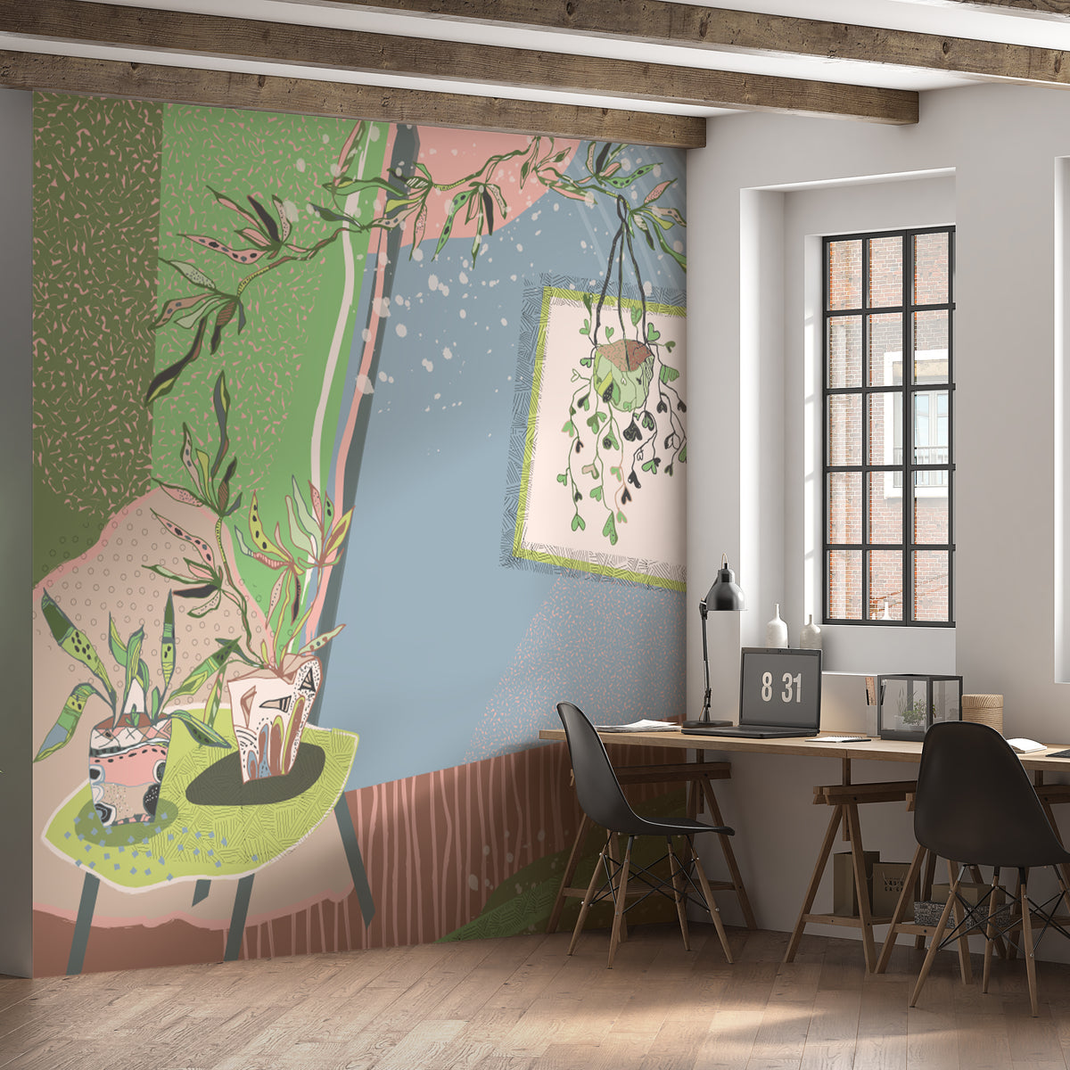 טפט קיר פינה בירוק - שני עציצים