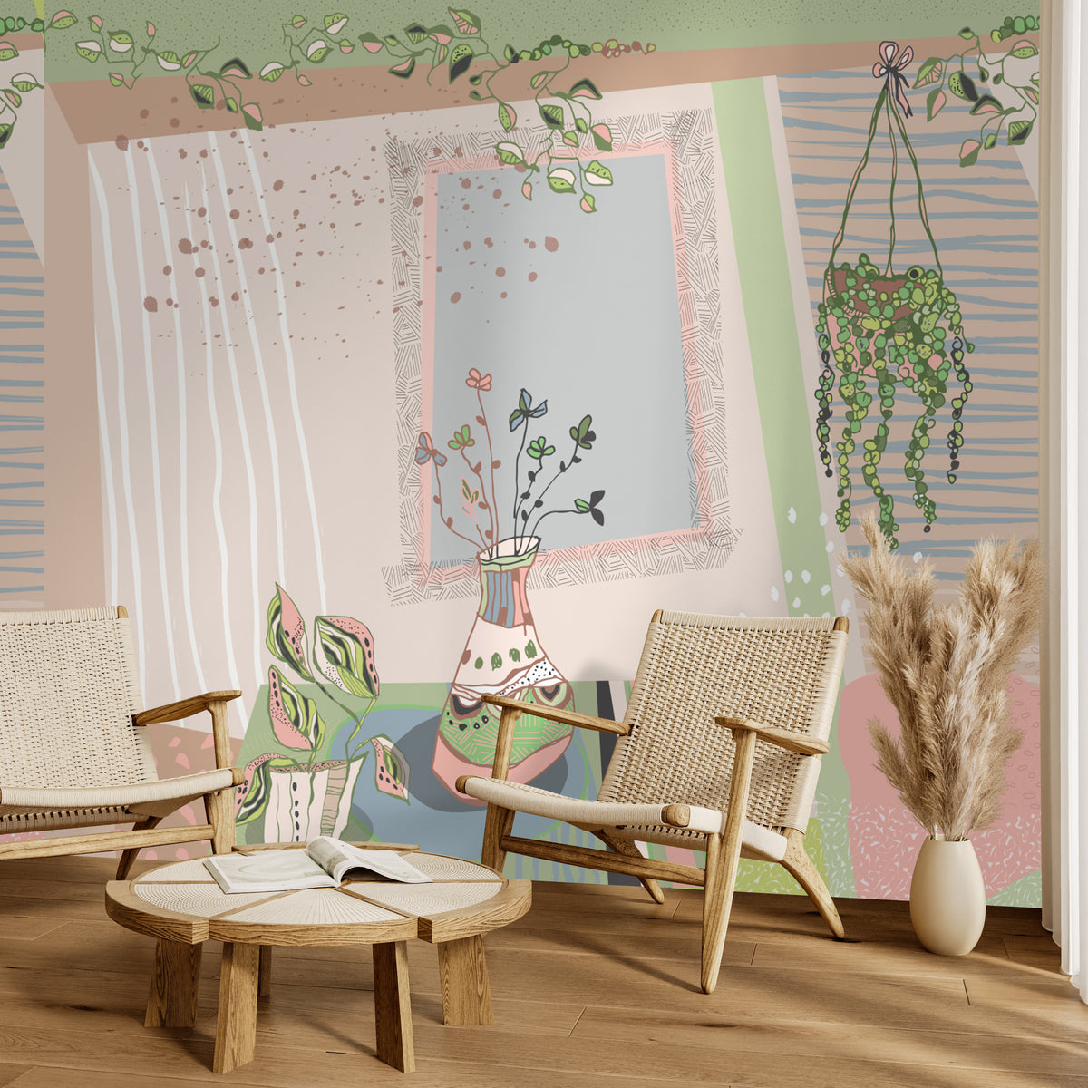 טפט קיר פינה בירוק - פרחים בחלון