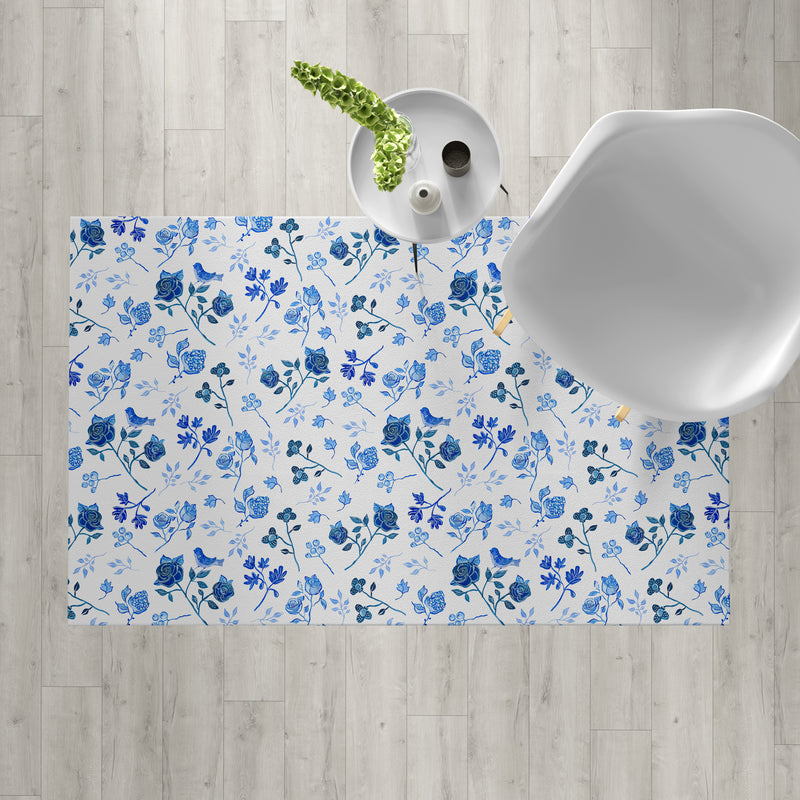 שטיח pvc  - אורלי פרחים כחול לבן במבצע