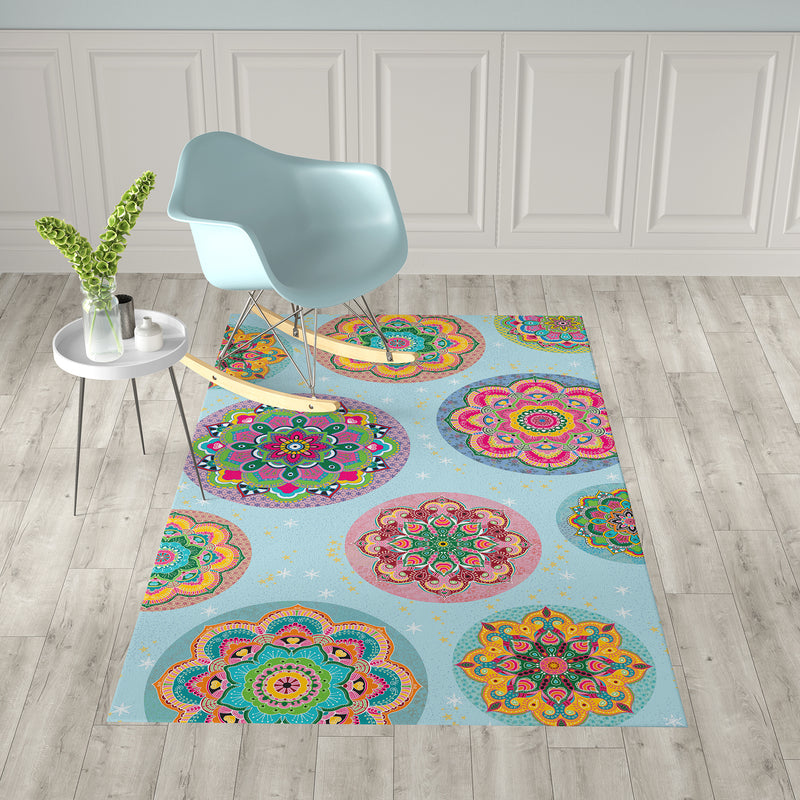 שטיח pvc-  מנדלות צבעוניות רקע תכלת