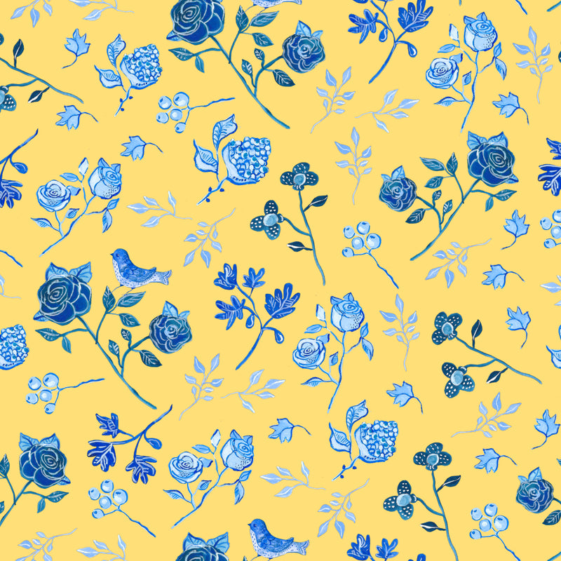 טפט פרחים כחול לבן- אורלי צהוב